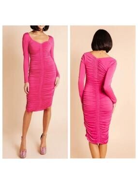 NEW Rachel Parcell Ruched Midi Dress Bodycon Long Sleeve Pink‎ Barbiecore Sz XXL